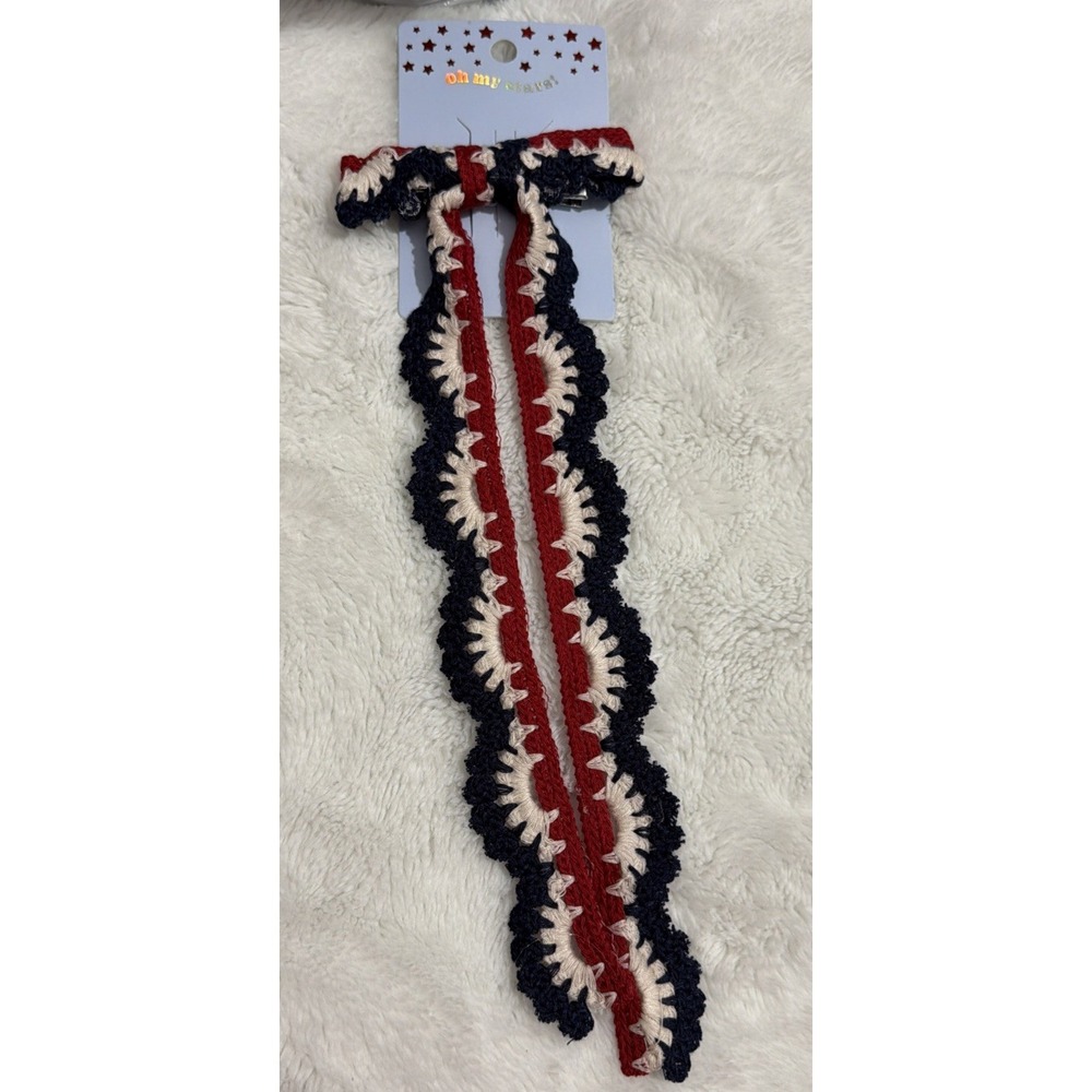 Oh My Stars! Crochet Scalloped Hair Bow girls OS Red White Blue Patriotic